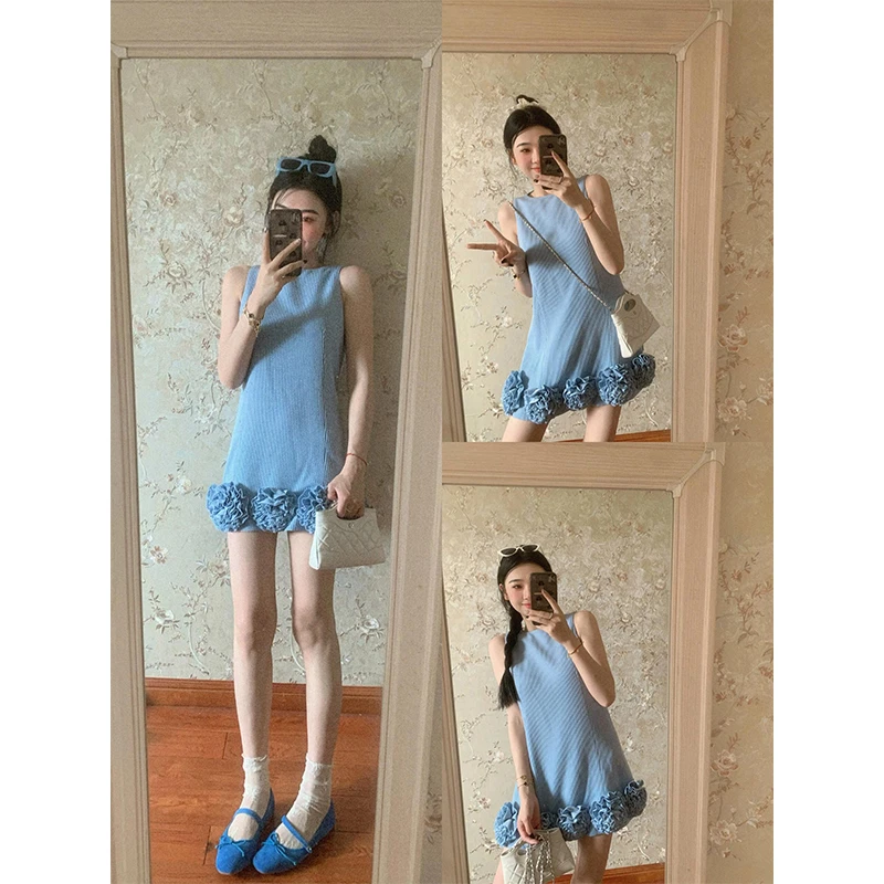 连衣裙春款2025新款爆款高级感立体花朵装饰夏季优雅无袖背心裙