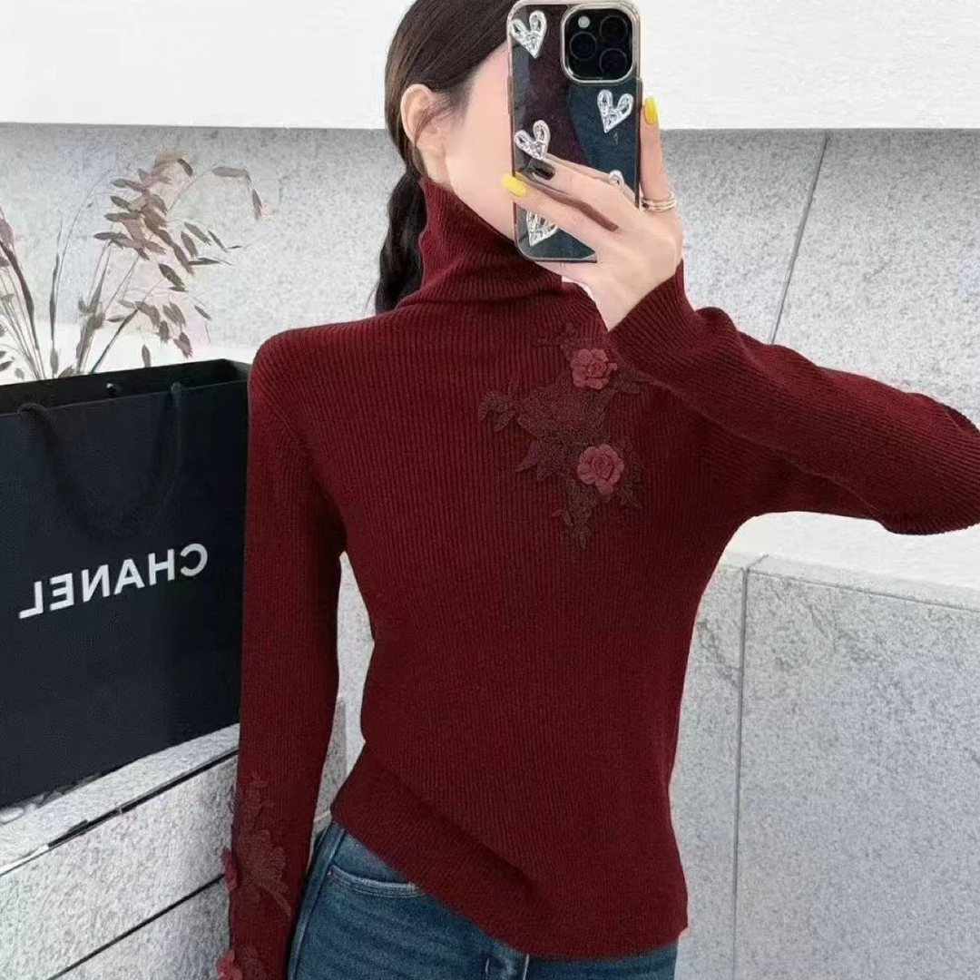 薄款时尚套头秋季百搭秋冬毛针织衫花朵针织修身型
