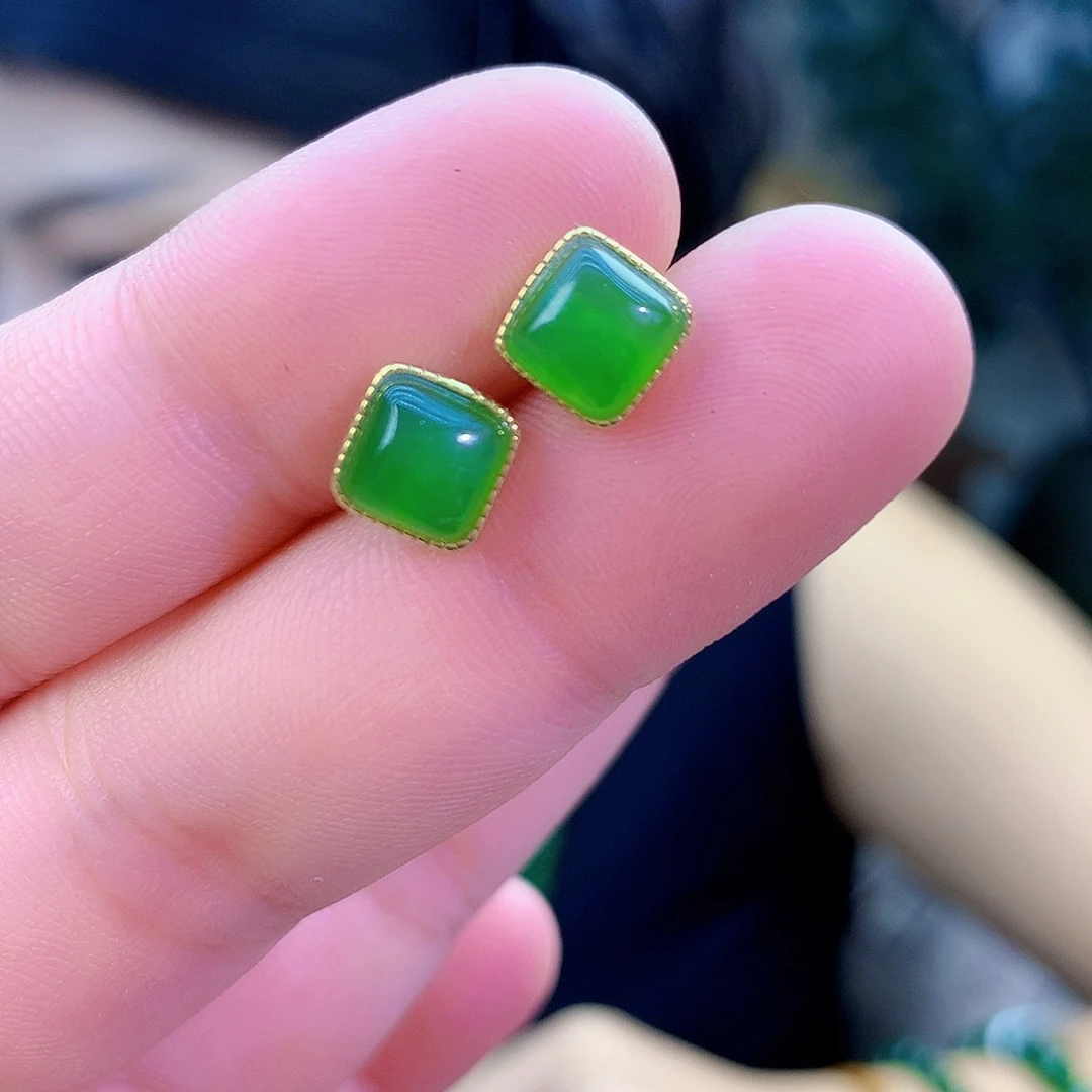 吊坠(不含链)银S925镶嵌和田玉（碧玉）耳钉