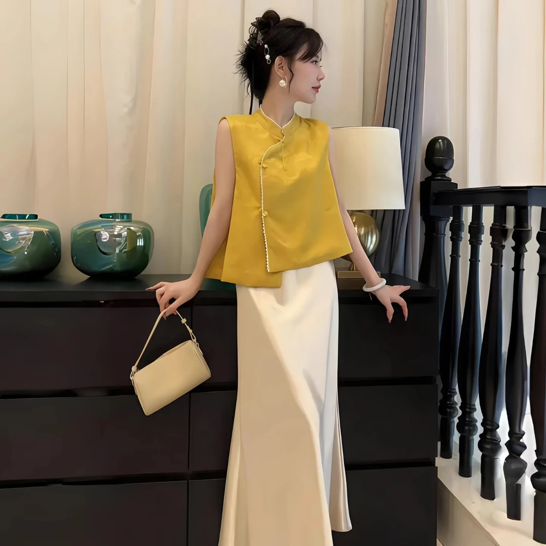 拉夏贝尔新中式国风套装女2025夏季国风马甲上衣高腰半身裙两件套