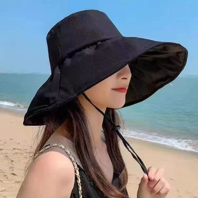 夏季UV黑胶渔夫帽防晒遮阳帽子女夏遮脸防紫外线可折叠大帽檐现货