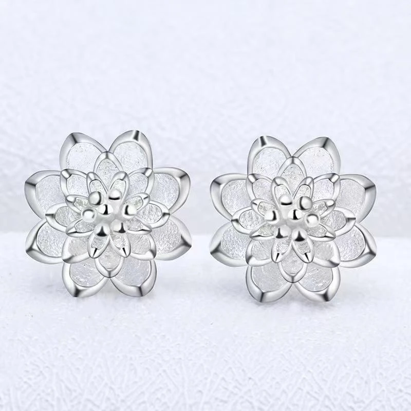 足银耳饰 纯银s999耳钉女款气质千足银莲花银耳环送爱人防过敏