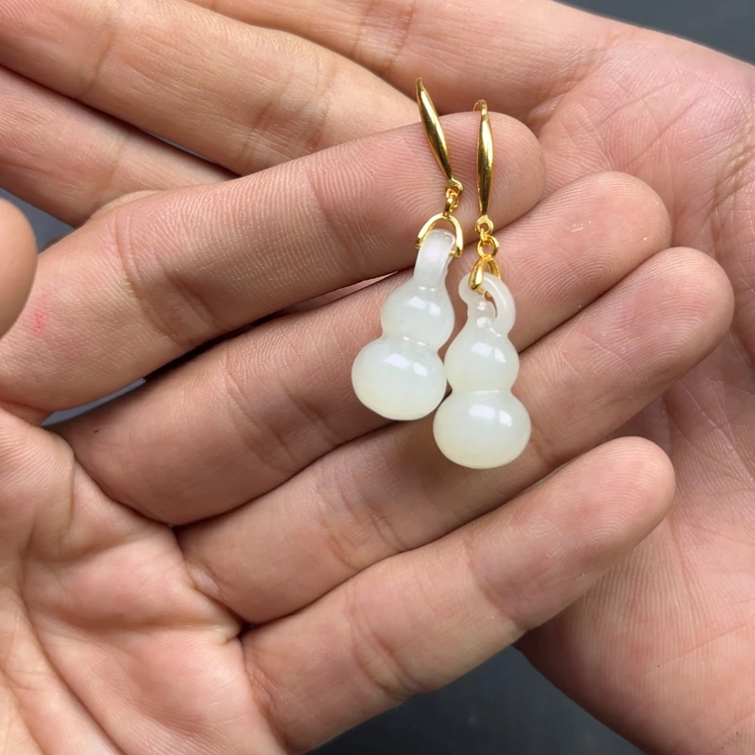 和田玉颈饰银S925镶嵌多样性羊脂玉葫芦耳环