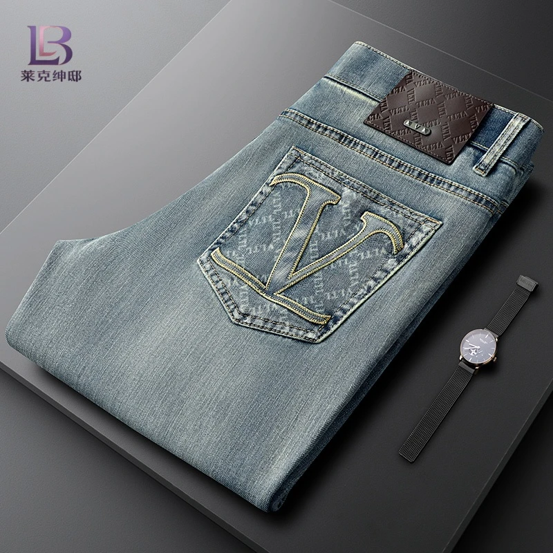 夏季轻奢蓝色牛仔裤男夏季薄款男士修身小脚直筒时尚百搭休闲裤子