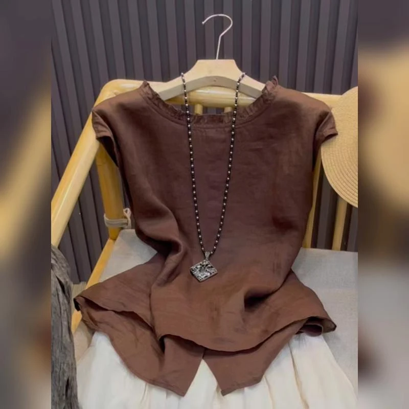 咖色花边圆领短袖T恤百搭上衣2025夏季新款收腰显瘦休闲时尚衬衫