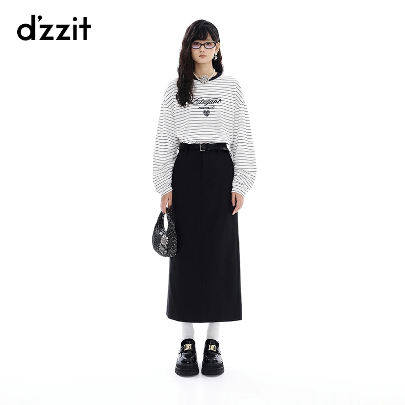dzzit地素半身裙摩登都市黑色高腰西装直筒长裙附腰带3I3S2531A