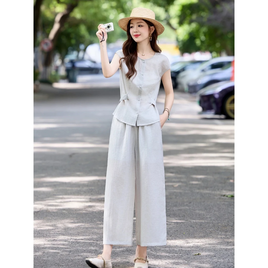 2025夏新款时髦干练亚麻套装洋气减龄通勤无袖上衣阔腿裤两件套女