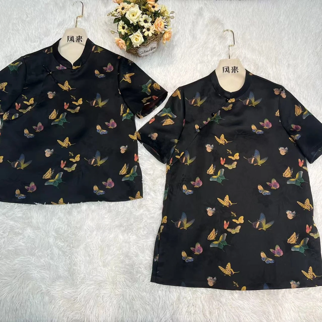 【福蝶】100%桑蚕丝香云纱新中式斜襟老钱风彩色蝴蝶短袖衬衫上衣