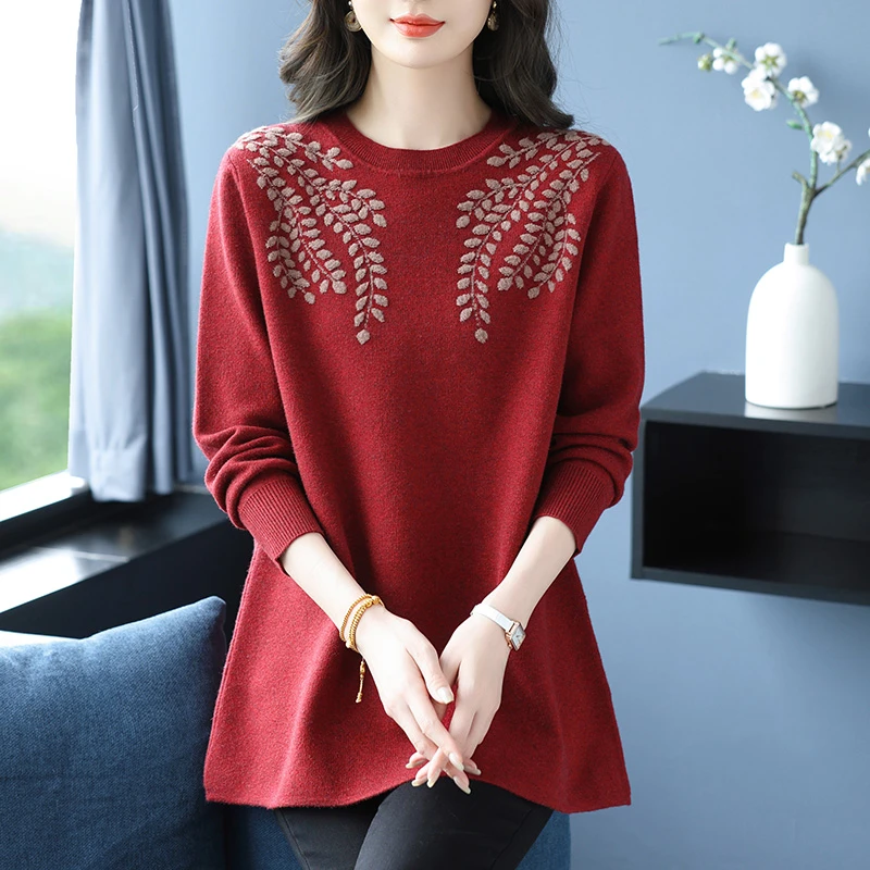 中年妈妈红色毛衣女秋冬2025新款大码宽松中长款遮屁股上衣打底衫