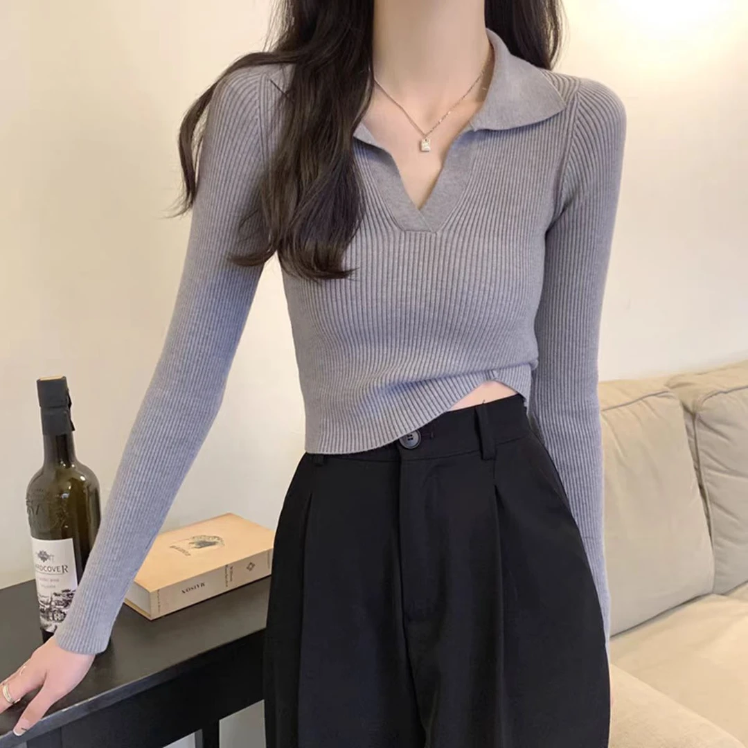 秋冬新款V领内搭打底衫女POLO领针织衫2025新品绿色别致洋气毛衣