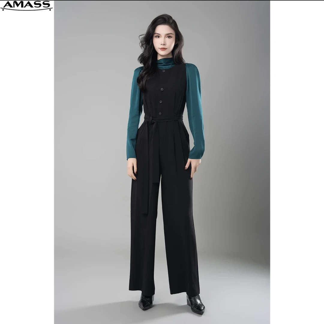 AMASS/阿玛施 25年早春新款百搭方领无袖收腰连体裤女510012