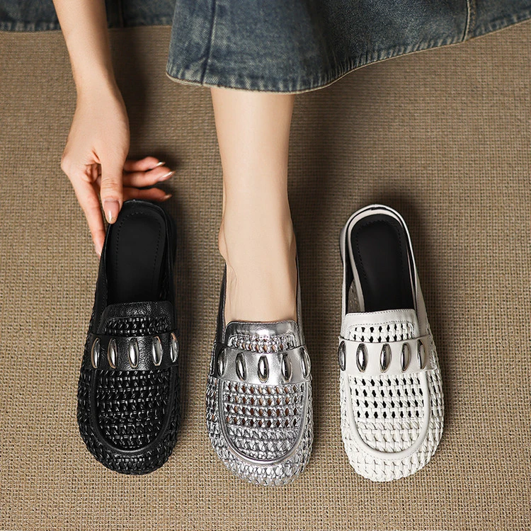 银色包头半拖鞋女外穿夏季凉拖鞋镂空洞洞低跟懒人鞋羊皮穆勒鞋女