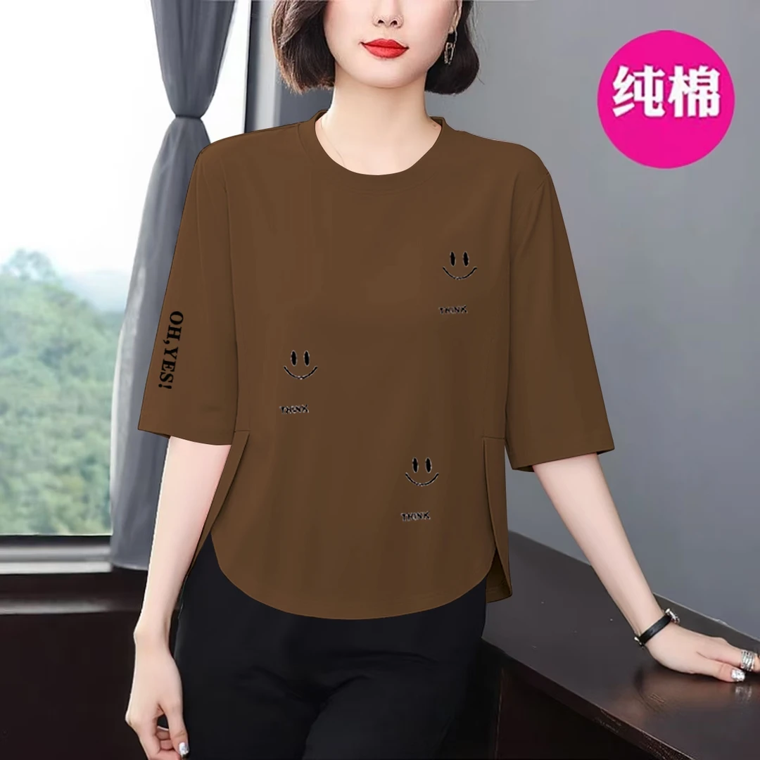 纯棉休闲夏季七分袖t恤女新款宽松显瘦遮肉气质减龄百搭中年上衣