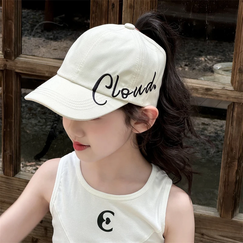2025新款儿童马尾帽女童刺绣半空顶遮阳帽男童夏季户外大檐防晒帽