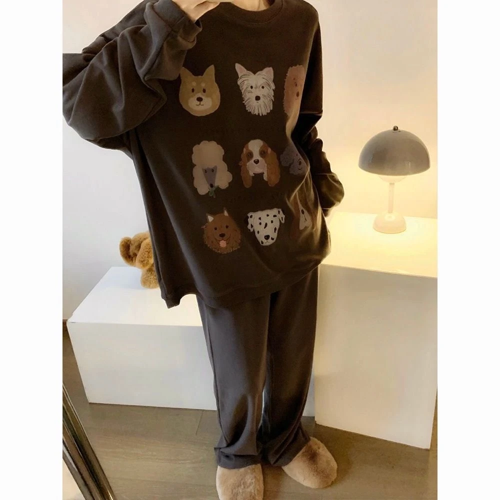 秋冬款保暖德绒睡衣美拉德网红卡通小狗女加绒加厚休闲舒适居家服