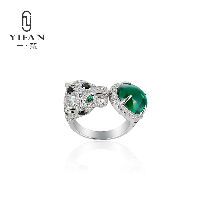 925银合成锆石戒指 一梵  1300-设计师绿椭圆豹子开口戒指