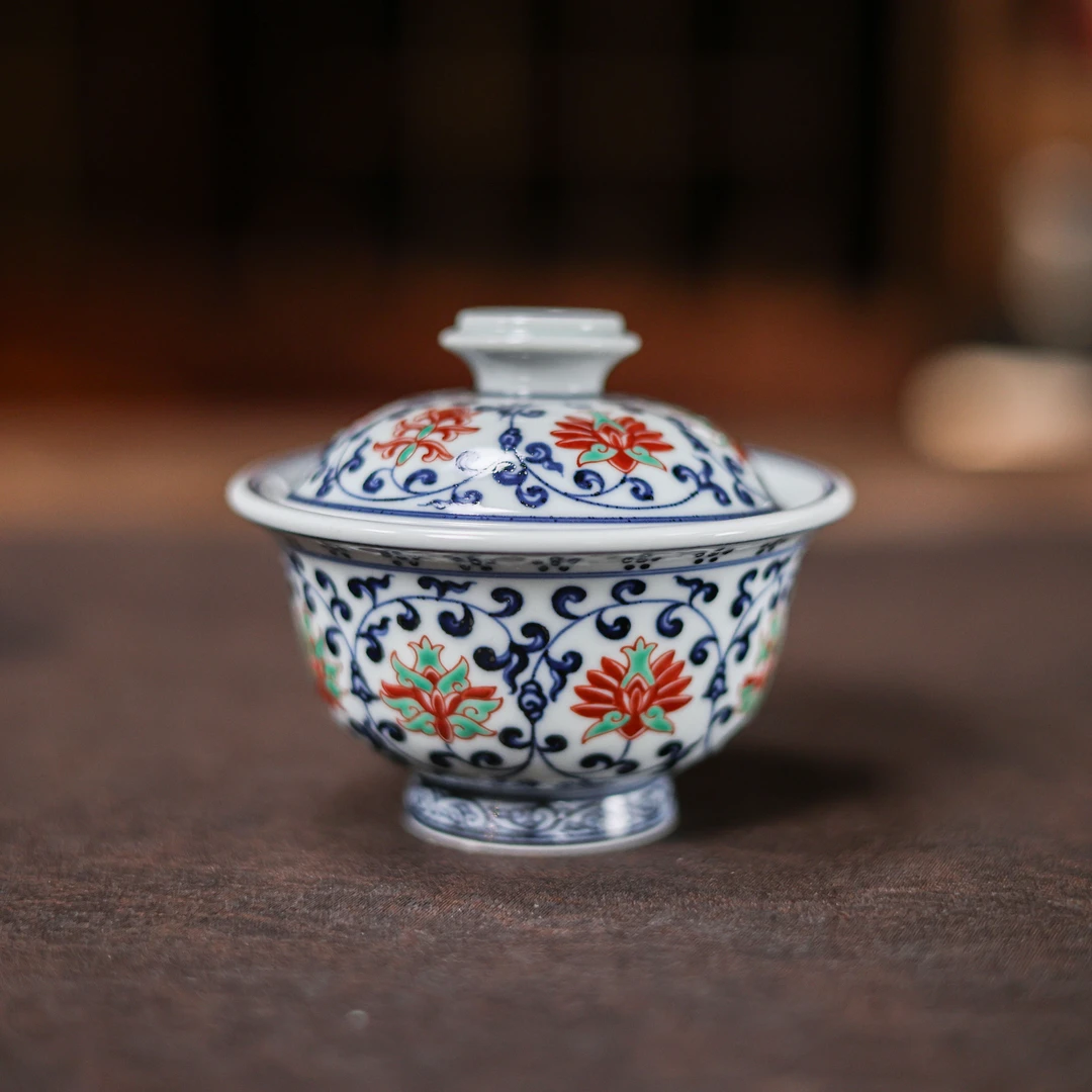 【非遗好物】【非遗好物】立勤堂红绿彩缠枝八宝盖碗（HLCGW118）