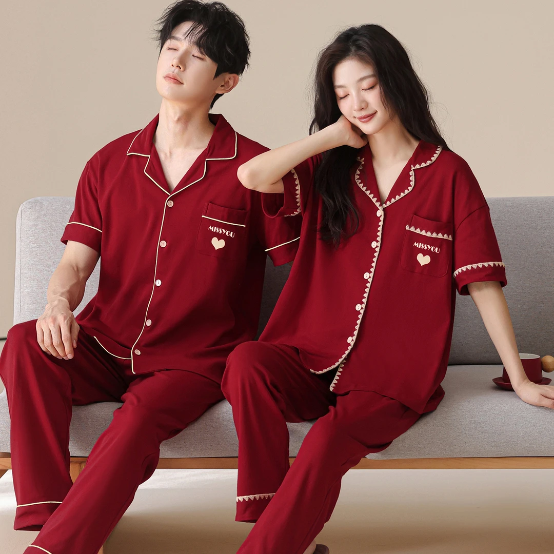 100%纯棉短袖刺绣花边红色情侣睡衣结婚本命年喜庆陪嫁家居服男女
