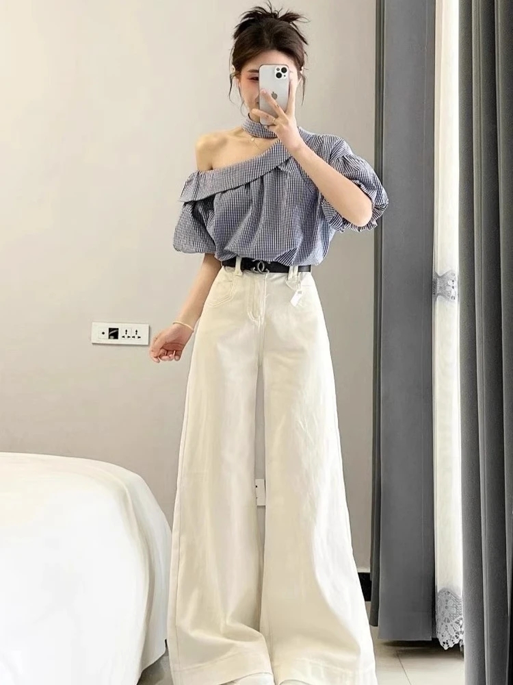 2025夏季法式网红气质盐系穿搭格纹斜肩衬衫高腰阔腿裤两件套装女