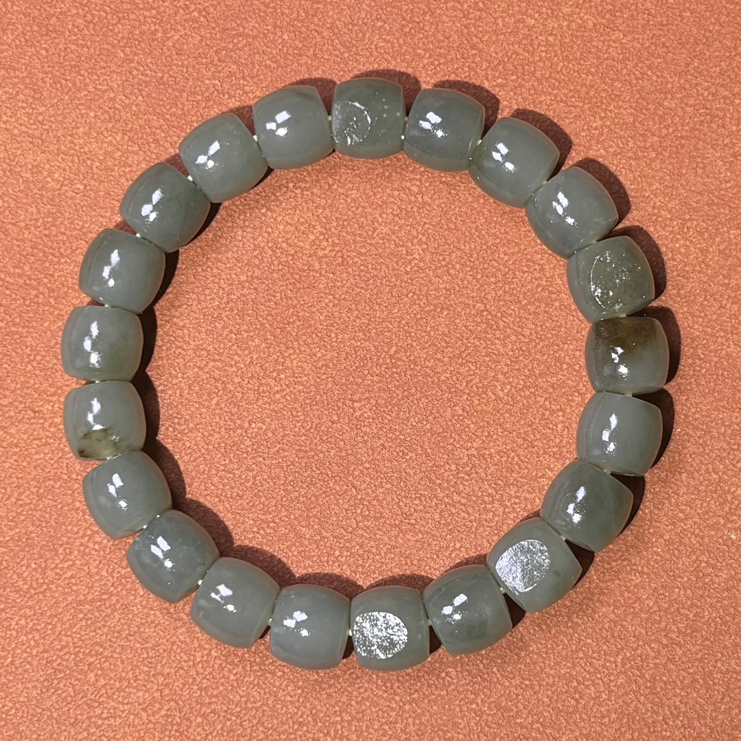 【卡10*9老型手串】 新疆和田玉颗颗满翠同料 共21颗 5颗带原皮毛孔