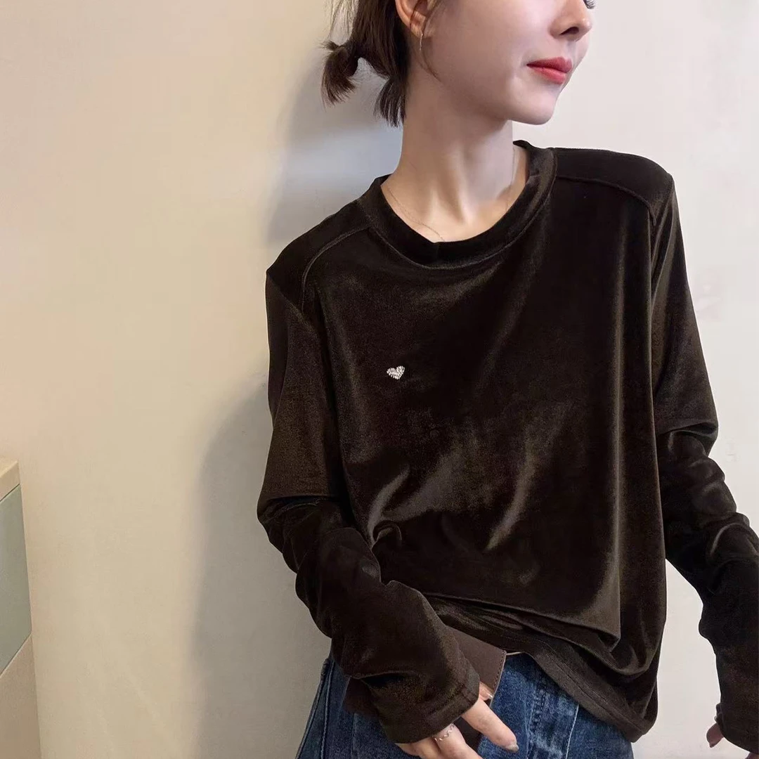 绣花爱心丝绒长袖T恤女早秋新款气质圆领打底衫洋气高级感上衣