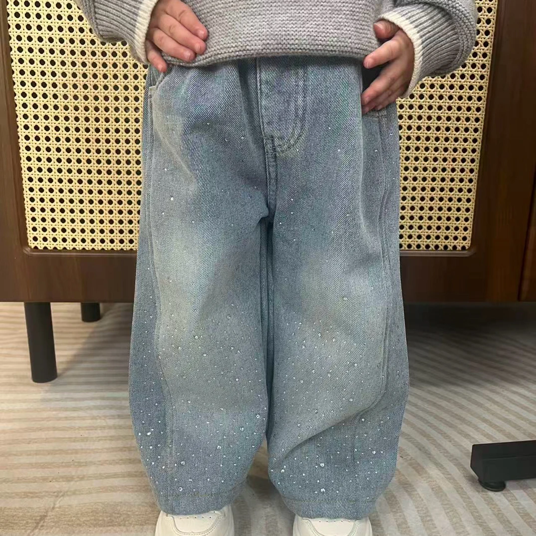 女童牛仔裤秋冬2025新款儿童闪钻冬季女宝宝时髦加绒加厚冬装裤子