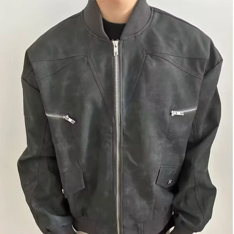 秋冬美式街头复古男女小众拉链棒球服美式高街男士机车皮衣