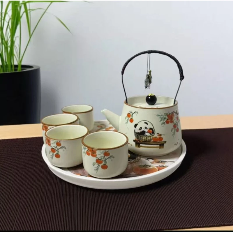 ZH056-柿柿如意熊猫提梁壶四杯（带茶盘）