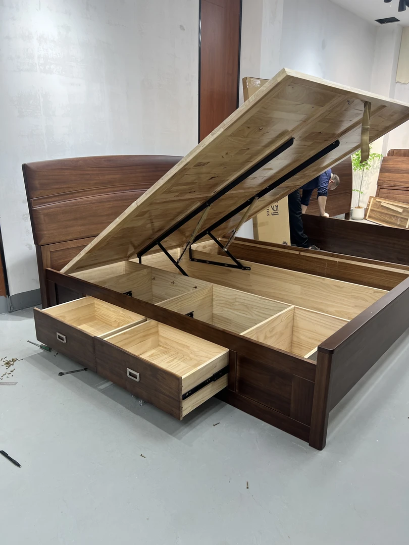 黑胡桃木全实木高箱气压储物床双人床1.5米1.8米单箱体不带床头尾