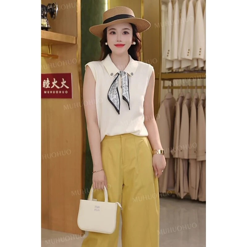 【睦火火专属】欧韩时尚夏季新款丝巾无袖针织衫撞色洋气休闲上衣女