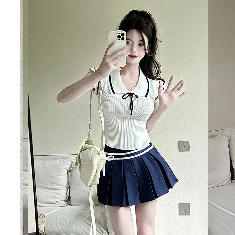 减龄学院风翻领露肩修身针织衫背心高腰显瘦百褶半身裙JK制服套装