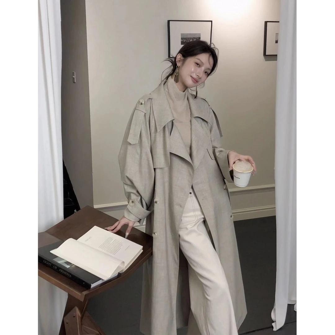 XNIE——专属定制——老派审美韩系翻领秋亚麻肌理感风衣外套女