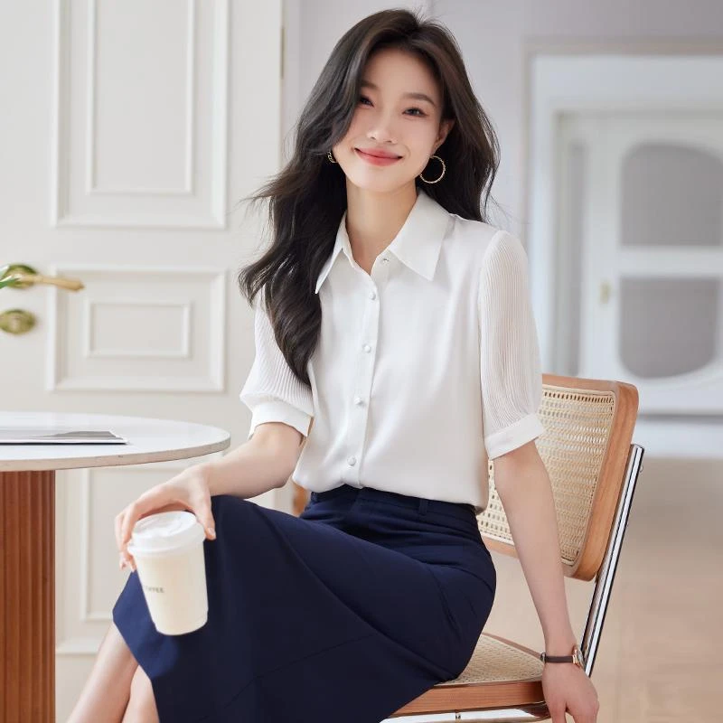 夏装季2025纯色短袖衬衫女春新款气质翻领百搭衬衣女百搭显瘦上衣