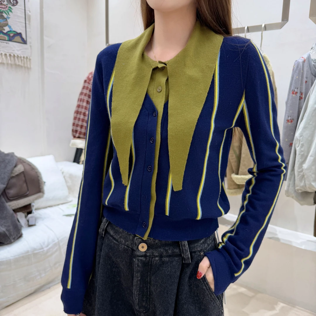 5109 HE秋冬菱格女针织开衫时尚针织开衫毛针织衫拼色