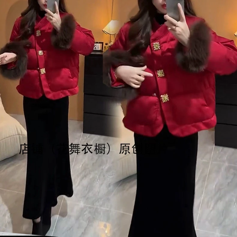 中国风新年红毛领棉服套装女冬季优雅气质御寒丝绒鱼尾半身裙套装