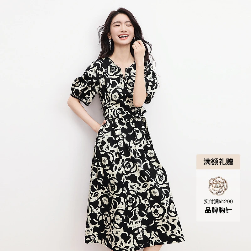 100%棉|黑白剪影手绘玫瑰|简洁大方收腰设计珂莱蒂尔连衣裙