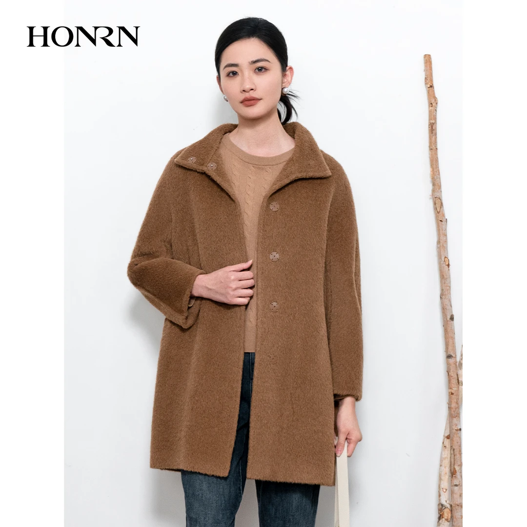 HONRN/红人立领羊驼毛羊毛呢子大衣外套女秋冬中长款HI55OD018