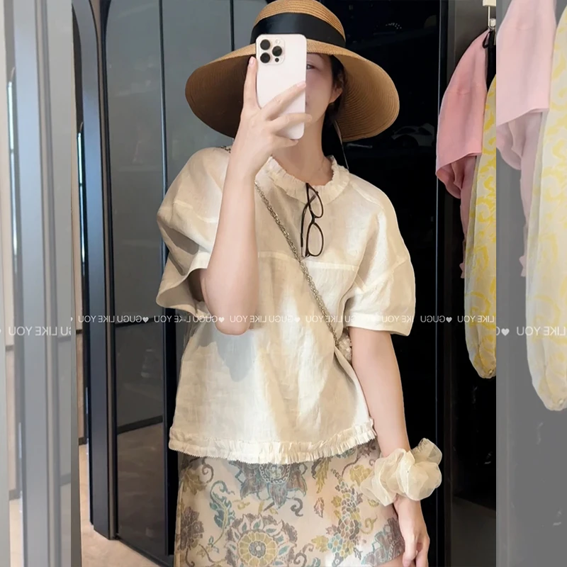 麻木耳边短袖衬衫女夏新款高级感休闲宽松显瘦百搭短款小衫上衣