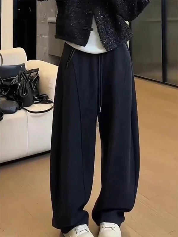 2025秋冬加绒大码女装拉链阔腿休闲裤梨形身材显瘦弯刀拖地长裤