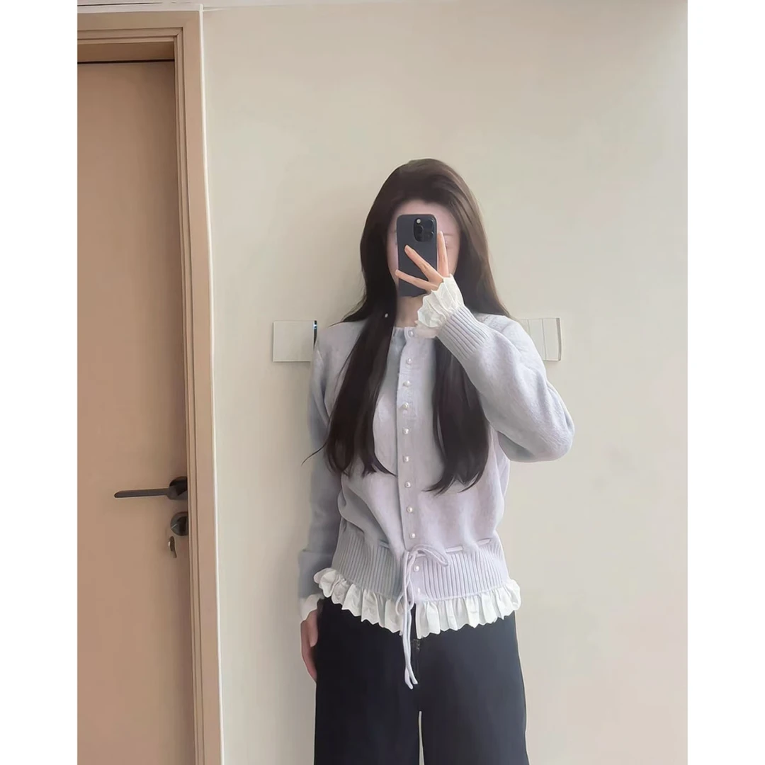 【高个子定制】韩系温柔珍珠扣针织开衫蕾丝荷叶边束腰上衣