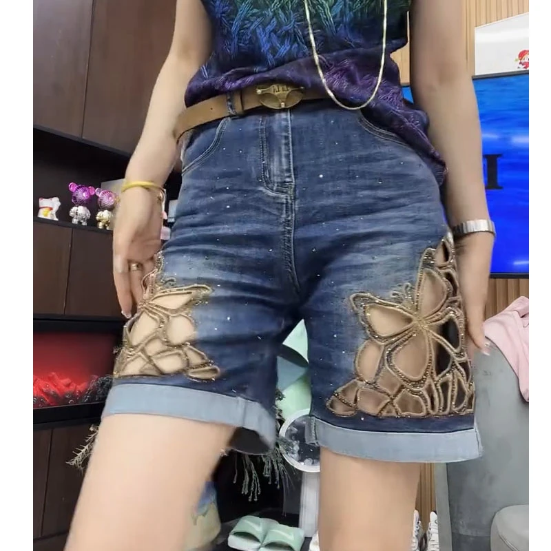 夏季薄款高腰弹力烫钻镂空牛仔短裤女大码宽松显瘦直筒中裤五分裤
