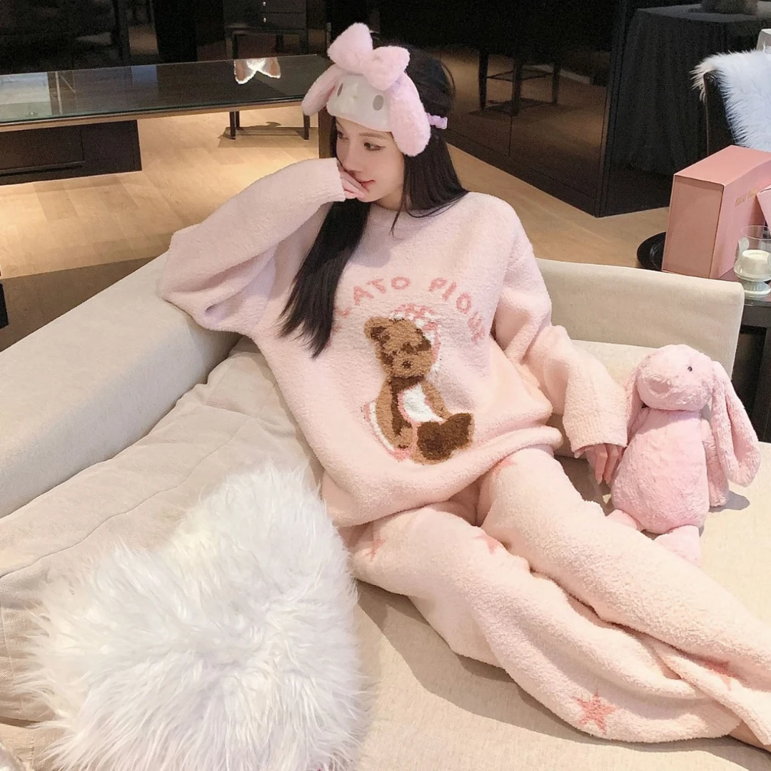 冬季睡衣甜美慵懒风卡通小熊睡衣女新品加厚加绒居家半边绒套装
