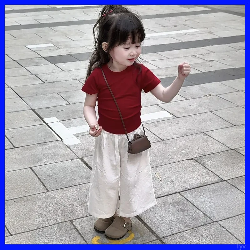 韩国女童红色短袖T恤套装2025新品春季女宝宝洋气时尚休闲阔腿裤