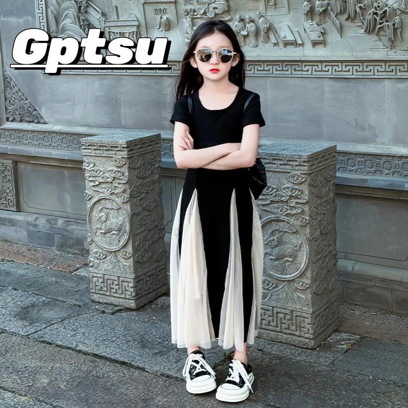 GPTSu女童连衣裙长款2025新款儿童裙洋气时髦薄款拼接网纱公主裙