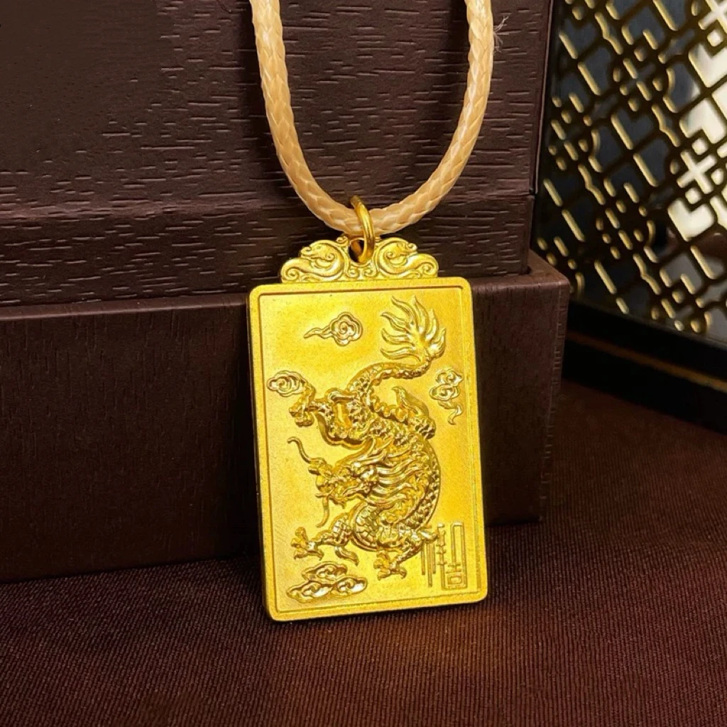 吊坠足银  足银镀金龙牌吊坠吉祥祥云雕刻方形古法霸气吊坠