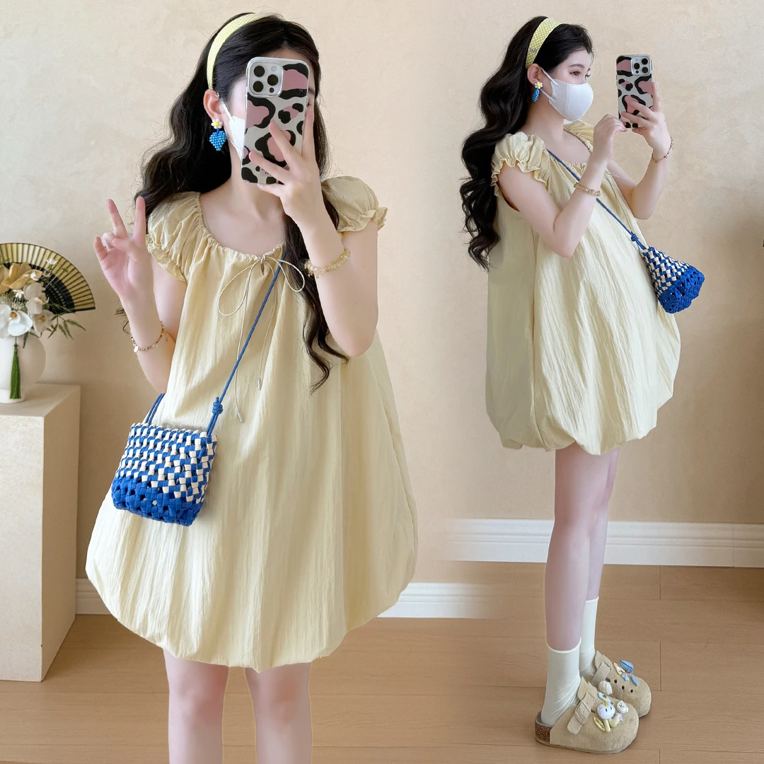 Mine~夏季法式气质甜美温柔方领花苞A字短裙大码连衣裙