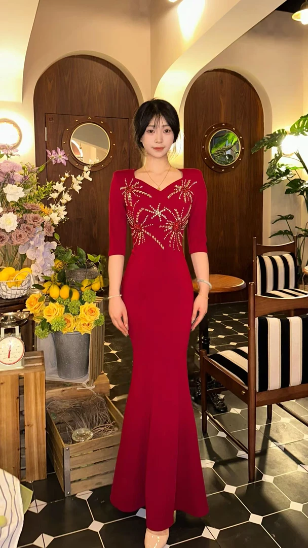 SHABA/莎芭气质秋款高定收腰鱼尾服