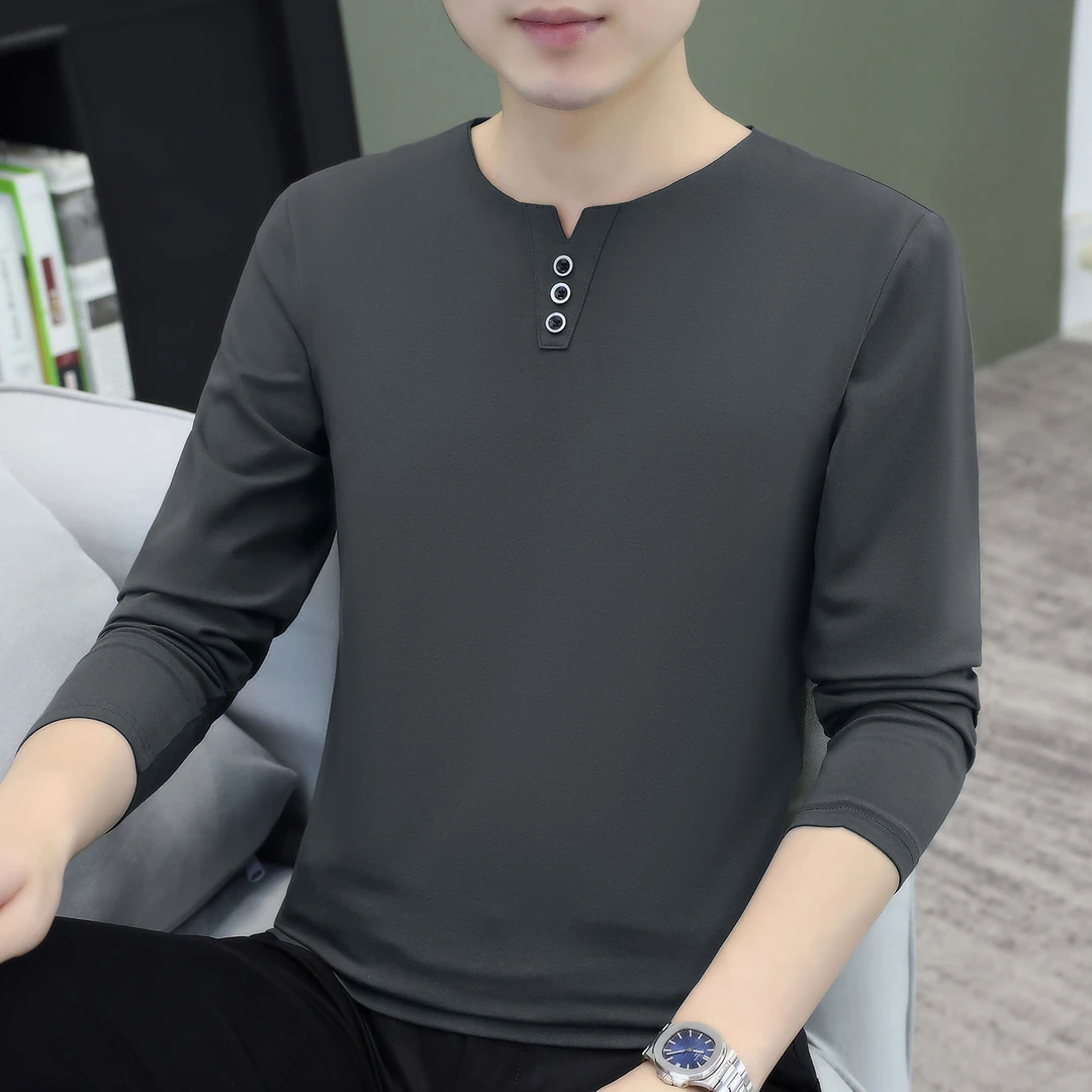 修身V领男士长袖T恤爆款潮流2025春秋新款棉T打底衫韩版男装上衣