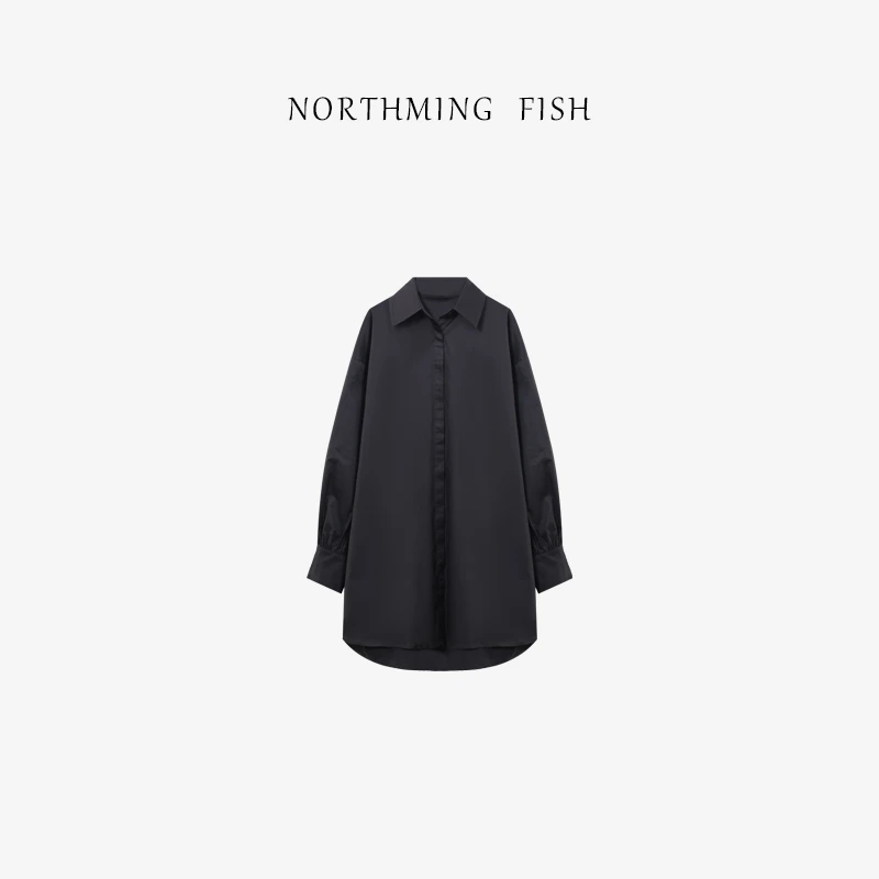 NORTHMING FISH「黑衬衫」简约高级感 全棉黑色廓形春季长款衬衫