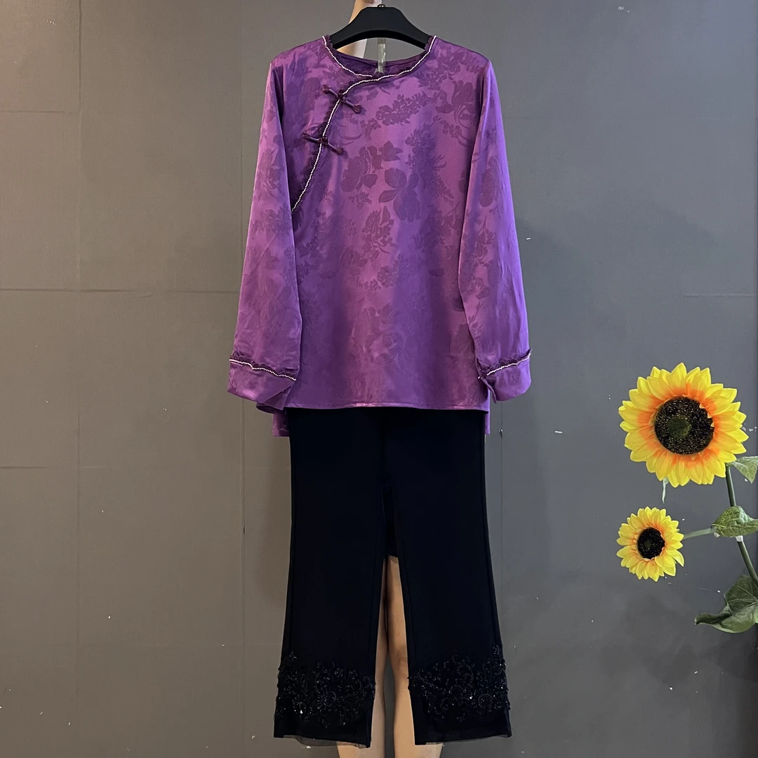 新中式国风圆领复古盘扣宽松提花小衫搭配松紧腰裤